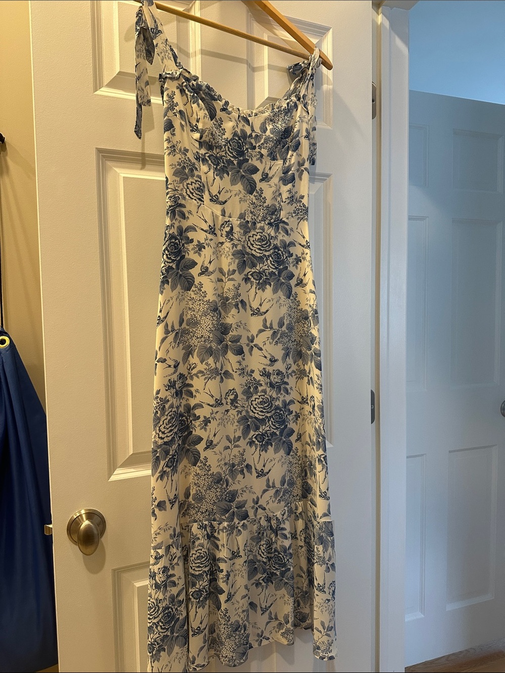 Reformation Blue Floral Toile Tie-Strap Midi Occasion dress